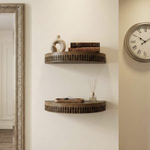 Half Moon Floating Wall Shelf | Semicircle Wood Shelf | Geometric Mosaic / Greek Key / Picket Fence Edge